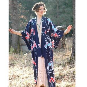 Japanese Floral Kimono Yukata Cotton Long Robe Navy Blue Red Morning Glory